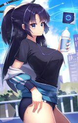 Rule 34 | 1girl, absurdres, ass, black hair, black shirt, blue archive, blue eyes, blue sky, blurry, bottle, breasts, building, buruma, cloud, cloudy sky, commentary request, depth of field, drone, eiryu33, from side, gym shirt, gym uniform, halo, hand on own hip, high ponytail, highres, holding, holding bottle, jacket, lanyard, large breasts, long hair, long sleeves, looking at viewer, looking to the side, official alternate costume, open clothes, open jacket, outdoors, parted bangs, plastic bottle, shirt, short sleeves, sidelocks, sky, skyline, skyscraper, solo, sweat, thick thighs, thighs, track jacket, water bottle, yuuka (blue archive), yuuka (track) (blue archive)