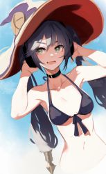 Rule 34 | 1girl, :d, absurdres, alternate costume, armpits, asymmetrical bangs, bikini, black bikini, black choker, black hair, blue sky, breasts, choker, cleavage, commentary, cowboy shot, cropped torso, day, fang, front-tie bikini top, front-tie top, genshin impact, green eyes, hair between eyes, halterneck, hands in hair, hat, highres, long hair, looking to the side, lumo 1121, medium breasts, mona (genshin impact), navel, open mouth, outdoors, purple hat, skin fang, sky, smile, solo, stomach, swimsuit, twintails, witch hat