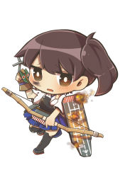 Rule 34 | 10s, 1girl, absurdres, armor, arrow (projectile), bow (weapon), brown eyes, brown hair, chibi, damaged, fire, gloves, highres, japanese clothes, kaga (kancolle), kantai collection, looking at viewer, muneate, open mouth, same anko, side ponytail, smoke, solo, thighhighs, torn clothes, weapon