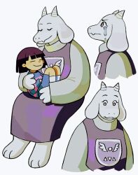 Rule 34 | 1girl, 1other, animal ears, brown hair, child, closed eyes, closed mouth, crying, crying with eyes open, dress, frisk (undertale), furry, furry female, goat ears, goat girl, goat horns, highres, horns, multiple views, mutie (timestables), purple dress, short hair, simple background, sitting, sitting on lap, sitting on person, smile, tears, toriel, undertale, white background