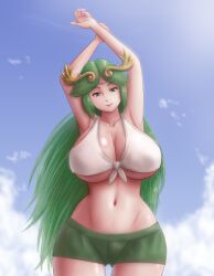Rule 34 | 1girl, arms up, breasts, cleavage, day, green eyes, green hair, kid icarus, long hair, looking at viewer, mature female, nintendo, palutena, saf-404, shirt, short shorts, shorts, smile, tiara, tied shirt, toned, toned female, underboob, very long hair, video game character