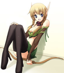 Rule 34 | 1girl, blonde hair, blue eyes, boots, bow, bow (weapon), braid, breasts, cleavage, collar, detached sleeves, elf, hair over shoulder, high heels, lono (parkarar), lono (pixiv), medium breasts, midriff, miniskirt, original, pointy ears, shoes, sitting, skirt, solo, thigh boots, thighhighs, twin braids, twintails, weapon