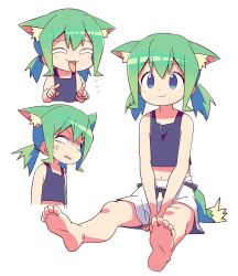 Rule 34 | 1girl, anger vein, animal ear fluff, animal ears, barefoot, blue eyes, blush, closed mouth, commentary request, cropped torso, green hair, hair between eyes, highres, looking at viewer, low twintails, multiple views, open mouth, original, parted lips, pointing, purple tank top, roku no hito, shaded face, short shorts, short twintails, shorts, simple background, sitting, smile, soles, tail, tank top, twintails, v-shaped eyebrows, white background, white shorts