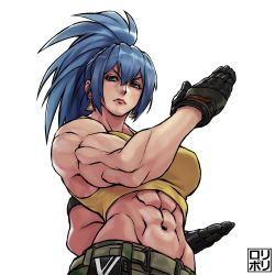 Rule 34 | abs, blue eyes, blue hair, breasts, camouflage, camouflage pants, cargo pants, clenched hand, dog tags, earrings, gloves, hair between eyes, highres, jamrolypoly, jewelry, leona heidern, looking at viewer, muscular, muscular female, navel, pants, ponytail, simple background, solo, tank top, the king of fighters, the king of fighters xiv, the king of fighters xv, triangle earrings, white background, yellow tank top