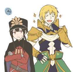 Rule 34 | 2boys, :d, armor, belt, belt buckle, black cape, black gloves, black headwear, blonde hair, brown belt, brown hair, buckle, cape, closed eyes, closed mouth, crest, crossed arms, earrings, family crest, fate/grand order, fate (series), fingerless gloves, gloves, grey gloves, hand on own hip, hat, highres, jason (fate), jewelry, koha-ace, long hair, low ponytail, male focus, multiple boys, oda nobukatsu (fate), oda uri, open mouth, pauldrons, peaked cap, ponytail, red eyes, red shirt, shirt, shoulder armor, simple background, smile, sparkle, spoken squiggle, squiggle, sweat, tachitsu teto, vambraces, white background