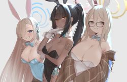 Rule 34 | 3girls, akane (blue archive), akane (bunny) (blue archive), alternate costume, animal ears, aqua bow, aqua bowtie, asuna (blue archive), asuna (bunny) (blue archive), bare shoulders, black-framed eyewear, black hair, black leotard, blue archive, blue eyes, blue neckwear, blue ribbon, blush, bow, bowtie, breasts, brown eyes, brown hair, brown legwear, cleavage, clenched teeth, closed mouth, commentary, covered navel, curvy, dark-skinned female, dark skin, detached collar, english commentary, fake animal ears, fishnet legwear, fishnets, glasses, gloves, grey background, hair between eyes, hair over one eye, hair ribbon, halo, highleg, highleg leotard, karin (blue archive), karin (bunny) (blue archive), large breasts, leotard, long hair, looking at viewer, mole, mole on breast, multiple girls, number tattoo, official alternate costume, orange eyes, pantyhose, playboy bunny, ponytail, rabbit ears, rabbit tail, ribbon, shiny clothes, shiny skin, shoulder tattoo, simple background, skeptycally, smile, tail, tattoo, teeth, thong leotard, traditional bowtie, twitter username, very long hair, white gloves, wide hips
