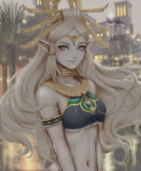 Rule 34 | 1girl, aqua eyes, arabian clothes, armlet, artist name, bare shoulders, blonde hair, blue lips, blurry, building, circlet, closed mouth, collarbone, commentary, cosplay, crop top, depth of field, english commentary, highres, jewelry, kumanz, long hair, makeup, medium hair, midriff, navel, neck ring, nintendo, outdoors, palm tree, pointy ears, princess zelda, rain, riju (cosplay), sidelocks, smile, solo, stomach, the legend of zelda, the legend of zelda: breath of the wild, thick eyebrows, town, tree, upper body, very long hair