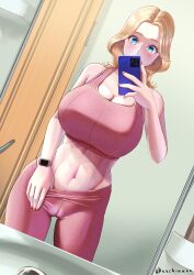 Rule 34 | 1girl, bare shoulders, bathroom, blonde hair, blue eyes, bra, breasts, cameltoe, cellphone, chinushiroya, cleavage, clothes pull, contrapposto, cowboy shot, dutch angle, earrings, forehead, highres, huge breasts, indoors, jewelry, linea alba, long hair, looking at phone, midriff, navel, original, pants, pants pull, parted bangs, parted hair, phone, pink bra, pink nails, pink pants, reflection, selfie, smartphone, solo, sports bra, tight clothes, tight pants, underwear, watch, yoga pants
