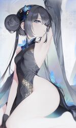 Rule 34 | 1girl, absurdres, arm up, armpits, bare shoulders, black hair, blue archive, blue eyes, breasts, china dress, chinese clothes, chyan, dragon print, dress, ears, grey jacket, highres, jacket, kisaki (blue archive), long hair, looking at viewer, parted lips, sleeveless, sleeveless dress, small breasts, solo, striped clothes, striped jacket, thighs, twintails, vertical-striped clothes, vertical-striped jacket