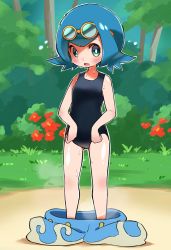 Rule 34 | 1girl, bare arms, blue hair, blush, bush, commentary request, creatures (company), day, game freak, goggles, goggles on head, grass, green eyes, highres, hyou (hyouga617), lana (pokemon), nintendo, one-piece swimsuit, open mouth, outdoors, outline, pants, pokemon, pokemon sm, shiny skin, short hair, solo, steam, sweat, swimsuit, tongue, tree, unworn pants, wet