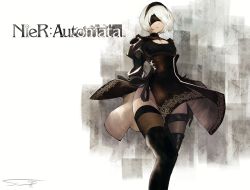Rule 34 | 1girl, black blindfold, black dress, black hairband, blindfold, boots, cleavage cutout, closed mouth, clothing cutout, copyright name, covered eyes, dress, hairband, high heel boots, high heels, highres, leotard, long sleeves, mole, mole under mouth, nier (series), nier:automata, short hair, slim (sl1m skull), solo, standing, thigh boots, thighhighs, thighhighs under boots, two-sided dress, two-sided fabric, white hair, white leotard, 2b (nier:automata)