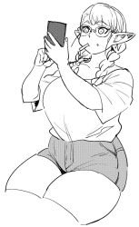 Rule 34 | 1girl, braid, breasts, collarbone, elf-san wa yaserarenai., elfuda (elf-san wa yaserarenai.), food, food on face, glasses, greyscale, hair behind ear, holding, holding phone, large breasts, monochrome, phone, pointy ears, popsicle stick, shirt, shirt tucked in, shorts, simple background, sitting, sketch, solo, synecdoche, thick thighs, thighhighs, thighs, twin braids, white background