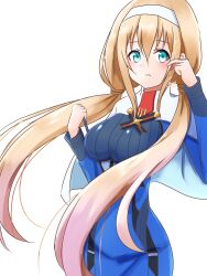 Rule 34 | 1girl, absurdres, aqua eyes, blonde hair, blue dress, blush, capelet, dress, hairband, highres, long hair, long sleeves, low twintails, mitsuba greyvalley, necktie, neruth, parted lips, red necktie, solo, super robot wars, super robot wars 30, twintails, very long hair, white capelet, white hairband