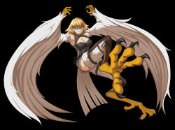Rule 34 | 1girl, animal hands, armor, bird legs, bird tail, black background, blue eyes, breasts, brown shorts, claws, cleavage, cleavage cutout, clothing cutout, commentary, commission, digitigrade, english commentary, feathered wings, feathers, hair between eyes, highres, large breasts, leather armor, leg armor, medium hair, original, parted lips, pointy ears, shorts, simple background, sleeveless, smile, solo, supernuddles, tail, talons, white feathers, winged arms, wings