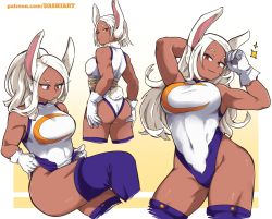 Rule 34 | 1girl, adjusting clothes, adjusting leotard, alternate hairstyle, animal ears, arm behind head, armpits, arms up, ass, bare shoulders, boku no hero academia, breasts, clothing cutout, contrapposto, covered navel, crescent print, crossed legs, dark-skinned female, dark skin, dashi (dashiart), frontal wedgie, fur collar, gloves, hands on own ass, highleg, highleg leotard, highres, large breasts, leotard, long eyelashes, long hair, looking at viewer, looking down, mirko, multiple views, parted bangs, patreon username, ponytail, pulled by self, purple thighhighs, rabbit ears, rabbit girl, rabbit tail, red eyes, short hair, sleeveless turtleneck leotard, sparkle, tail, tail through clothes, taut leotard, thick thighs, thighhighs, thighs, toned, wedgie, white gloves, white hair, white leotard