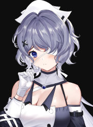 Rule 34 | 1girl, absurdres, arknights, bare shoulders, black background, blush, breasts, cleavage, eyepatch, gloves, grey hair, hair ornament, hand up, highres, long hair, long sleeves, looking at viewer, purple eyes, simple background, solo, upper body, whisperain (arknights), white gloves, white headwear, x hair ornament, zest (watts99)