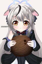 Rule 34 | 1girl, animal ears, black hair, blue archive, coconut, food, fruit, grey background, grey hair, kokona (blue archive), long hair, looking at viewer, multicolored hair, solo, two-tone hair, yellow eyes, zhunuhz