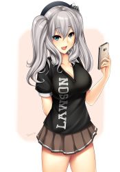 Rule 34 | 10s, 1girl, blue eyes, breasts, cellphone, cleavage, clothes writing, collarbone, employee uniform, hat, highres, kantai collection, kashima (kancolle), large breasts, lawson, long hair, open mouth, phone, pleated skirt, puffy short sleeves, puffy sleeves, shirt, short sleeves, silver hair, skirt, smartphone, smile, solo, tony guisado, twintails, uniform