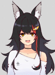 Rule 34 | 1girl, animal ears, black hair, grey background, highres, hololive, nkmmktwt, ookami mio, virtual youtuber, wolf ears, wolf girl, yellow eyes