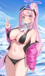 Rule 34 | 1girl, absurdres, andamiro, bare shoulders, bikini, black bikini, blue archive, blush, breasts, cleavage, closed mouth, cowboy shot, day, eimi (blue archive), eimi (swimsuit) (blue archive), goggles, goggles on head, halo, hand up, highres, jacket, large breasts, long hair, long sleeves, looking at viewer, navel, off shoulder, official alternate costume, open clothes, open jacket, outdoors, pink eyes, pink hair, pink halo, pink jacket, ponytail, scarf, sideboob, smile, solo, swimsuit, thighs, v, white scarf