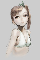 Rule 34 | 10s, 1girl, bad id, bad pixiv id, bikini, brown eyes, brown hair, chyko7080, futami mami, idolmaster, idolmaster (classic), idolmaster 2, lips, profile, realistic, side ponytail, simple background, small nose, solo, swimsuit, upper body