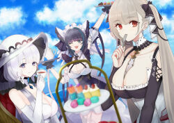 Rule 34 | 3girls, ;d, animal band, animal ears, apron, azur lane, bare shoulders, between breasts, black dress, blue gemstone, blue sky, breasts, cake, cake slice, cheshire (azur lane), cleavage, cloud, cup, detached collar, detached sleeves, dress, dutch angle, earrings, elbow gloves, fake animal ears, food, formidable (azur lane), frilled dress, frilled hairband, frilled ribbon, frills, fruit, garter straps, gem, gloves, gothic lolita, grey hair, hair ribbon, hairband, hat, holding, holding cup, holding tray, illustrious (azur lane), jewelry, lace-trimmed headwear, lace trim, large breasts, lolita fashion, long hair, long ribbon, looking at viewer, macaron, maid headdress, multicolored hair, multiple girls, necktie, necktie between breasts, ocean, one eye closed, open mouth, plate, puffy detached sleeves, puffy sleeves, purple apron, purple eyes, purple hair, red eyes, ribbon, riku amano1018, sky, smile, strapless, strapless dress, strawberry, strawberry shortcake, streaked hair, sun hat, teacup, thighhighs, tray, twintails, two-tone dress, two-tone hair, two-tone ribbon, very long hair, water, whipped cream, white dress, white garter straps, white gloves, white hair, white headwear, white thighhighs