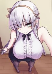 Rule 34 | 1girl, anastasia (fate), black pantyhose, blouse, blue eyes, blush, breasts, elfenlied22, fate/grand order, fate (series), from above, hair over one eye, hairband, large breasts, long hair, looking at viewer, pantyhose, selfie, shirt, silver hair, sleeveless, sleeveless shirt, smile, solo, very long hair, white shirt
