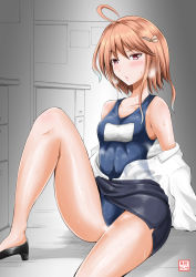 Rule 34 | 10s, 1girl, ahoge, bare shoulders, blush, dress shirt, gradient background, hair ornament, hairclip, heavy breathing, highres, i-58 (kancolle), kantai collection, looking at viewer, miniskirt, off shoulder, one-piece swimsuit, open mouth, orange hair, red eyes, school swimsuit, shirt, short hair, sitting, skirt, solo, sweat, swimsuit, yano toshinori