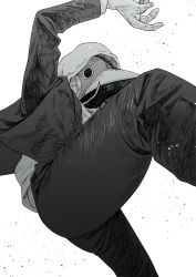 Rule 34 | 1boy, arm up, chainsaw man, formal, greyscale, hatching (texture), highres, hood, hood up, hoodie, male focus, mask, monochrome, otsudou, solo, suit, violence fiend (chainsaw man), white background