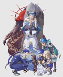 Rule 34 | 6+boys, annoyed, arguing, armor, basashi (1092aru), black cape, black gloves, blue bodysuit, blue capelet, blue hair, blue tongue, bodysuit, bracelet, braid, cape, capelet, carrying, closed eyes, colored tongue, cu chulainn (caster) (fate), cu chulainn (fate), cu chulainn (fate) (all), cu chulainn (fate/prototype), cu chulainn (fate/stay night), cu chulainn alter (fate), dog, earrings, facial mark, facing viewer, fate/grand order, fate (series), fur trim, gloves, grey background, highres, hood, jewelry, leaning forward, long hair, male focus, messy hair, mini cu-chan (fate), multiple boys, open mouth, ponytail, red eyes, rock, samoyed (dog), setanta (fate), shoulder armor, simple background, smile, spiked tail, squatting, tail, tattoo, toeless footwear, white cape