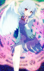 Rule 34 | 1girl, angel wings, aoi (annbi), bow, brooch, dress, eyelashes, hand to own mouth, highres, jacket, jewelry, kishin sagume, knees, legs, long sleeves, looking at viewer, magic circle, open clothes, open jacket, purple dress, red eyes, short hair, silver hair, single wing, solo, touhou, wings
