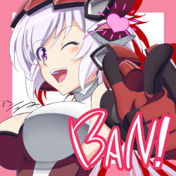 Rule 34 | 10s, 1girl, bare shoulders, blush, bodysuit, border, breasts, cleavage, elbow gloves, english text, engrish text, finger gun, gloves, grin, h-new, heart, large breasts, long hair, one eye closed, open mouth, outside border, pointing, purple eyes, ranguage, senki zesshou symphogear, smile, solo, teeth, twintails, upper body, white hair, wink, yukine chris
