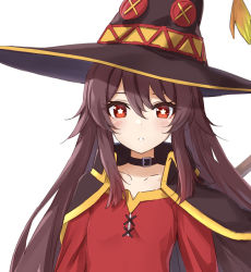Rule 34 | 1girl, blush, brown hair, cape, cosplay, dress, genshin impact, hat, highres, hu tao (genshin impact), kono subarashii sekai ni shukufuku wo!, long sleeves, looking at viewer, megumin, megumin (cosplay), parted lips, red dress, red eyes, simple background, solo, suke (momijigari), symbol-shaped pupils, takahashi rie, twintails, upper body, voice actor connection, white background, witch hat