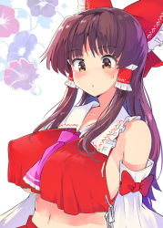 Rule 34 | 1girl, ascot, bare shoulders, between breasts, blush, bow, breasts, brown eyes, brown hair, commentary request, covered erect nipples, detached sleeves, floral print, hair bow, hair tubes, hakurei reimu, large breasts, long hair, midriff, multicolored eyes, navel, no bra, puuakachan, red bow, sideboob, sidelocks, simple background, solo, sweatdrop, touhou, underboob, upper body, white background