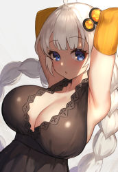 Rule 34 | 1girl, ahoge, armpits, arms up, blue eyes, braid, breasts, cleavage, detached sleeves, highres, kizuna akari, large breasts, long hair, looking at viewer, open mouth, solo, totorosu, twin braids, voiceroid, white background, white hair