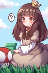 Rule 34 | 1girl, ?, absurdres, blue sky, blunt bangs, blush, bow, bright pupils, brooch, brown bow, brown dress, brown eyes, brown hair, closed mouth, cloud, commentary request, crown, day, dress, earrings, fang, fang out, frilled dress, frilled sleeves, frills, grass, highres, jewelry, kneeling, layered sleeves, long hair, long sleeves, mario (series), mini crown, new super mario bros. u deluxe, nintendo, noname (akiko-san), outdoors, princess goomba, puffy short sleeves, puffy sleeves, raised eyebrows, short hair, short over long sleeves, short sleeves, signature, sky, solo, speech bubble, spoken question mark, super crown, super mushroom, warp pipe, white sleeves