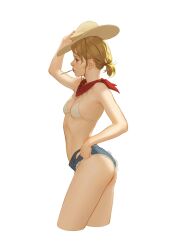 Rule 34 | 1girl, adjusting clothes, adjusting headwear, ass, bandana, blonde hair, bra, breasts, cowboy hat, cropped legs, denim, denim shorts, freckles, hand on own hip, hat, highres, looking at viewer, midriff, mouth hold, original, parrot30198432, red bandana, revealing clothes, short hair, short ponytail, short shorts, shorts, small breasts, stalk in mouth, underwear, wavy hair, white background, white bra
