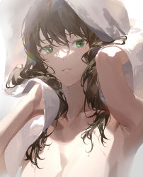 Rule 34 | 1girl, bad arm, brown hair, fajyobore, green eyes, highres, holding, holding towel, light particles, looking at viewer, mole, mole under eye, nude, open mouth, original, smile, solo, towel, towel on head, water, wet, wet hair