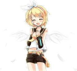 Rule 34 | 1girl, angel wings, bad id, bad pixiv id, bare shoulders, belt, blonde hair, blush, detached sleeves, closed eyes, feathers, female focus, hair ornament, hair ribbon, hairclip, headset, highres, kagamine rin, navel, open mouth, ribbon, sailor collar, short hair, shorts, smile, solo, vocaloid, white background, wings