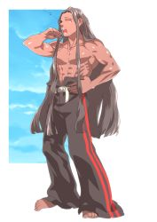 Rule 34 | 1boy, abs, barefoot, black hair, dark skin, fate/grand order, fate (series), geronimo (fate), highres, long hair, male focus, muscular, native american, rokkotsu, topless male, solo, standing, toes, yawning