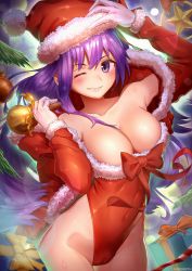 Rule 34 | 10s, 1girl, absurdres, artist request, bare shoulders, bb (fate), bb (fate/extra), bell, blush, box, breasts, cameltoe, carbon12th, christmas, cleft of venus, collarbone, covered navel, fate/extra, fate/extra ccc, fate/grand order, fate (series), fur trim, gift, gift box, gloves, grin, hat, highres, large breasts, leotard, long hair, long sleeves, looking at viewer, one eye closed, purple eyes, purple hair, red hat, red leotard, red ribbon, ribbon, santa costume, santa hat, smile, solo, teeth, very long hair, white gloves