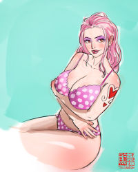 Rule 34 | 1girl, arms under breasts, bikini, breasts, charlotte linlin, female focus, highres, large breasts, lipstick, long hair, looking at viewer, makeup, one piece, orange eyes, pink hair, solo, swimsuit, tattoo, tongue, tongue out, aged down