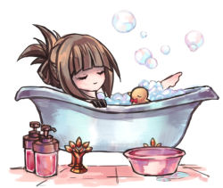 Rule 34 | 1girl, alternate hairstyle, bath, bathing, bathroom, bathtub, black gloves, blunt bangs, bow, bowtie, brown hair, bubble, claw foot bathtub, closed eyes, deemo, foam, folded ponytail, from side, fuku (huku m), girl (deemo), gloves, hair up, happy, indoors, leg up, light smile, partially submerged, rubber duck, sidelocks, simple background, sitting, smile, soap bubbles, solo, tile floor, tiles, toy, washbowl, white background