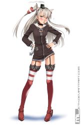 Rule 34 | 1girl, amatsukaze (kancolle), black hairband, brown dress, commentary, deviantart username, dress, english commentary, food, food in mouth, full body, garter straps, gloves, hair tubes, hairband, hands on own hips, highres, kantai collection, legs apart, long hair, long sleeves, mleth, pocky, pocky in mouth, red footwear, red thighhighs, sailor dress, short dress, simple background, single glove, smoke, solo, standing, thighhighs, two side up, watermark, web address, white background, white gloves, white hair, yellow eyes