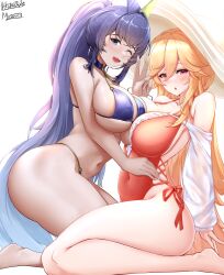 Rule 34 | 2girls, absurdres, artist name, asymmetrical docking, azur lane, backless swimsuit, bikini, blonde hair, blue bikini, blue eyes, breast press, breasts, collaboration, commentary, cross-laced clothes, cross-laced one-piece swimsuit, english commentary, frilled one-piece swimsuit, frills, from side, full body, hair between eyes, hand on another&#039;s waist, hat, high ponytail, highleg, highleg swimsuit, highres, irkawaza, large breasts, long hair, long sleeves, looking at viewer, multiple girls, multiple straps, musanix, new jersey (azur lane), new jersey (midsummer leisure) (azur lane), o-ring, o-ring bikini, official alternate costume, one-piece swimsuit, one eye closed, open mouth, purple hair, red eyes, red one-piece swimsuit, richelieu (azur lane), richelieu (fleuron of the waves) (azur lane), side-tie swimsuit, signature, simple background, skindentation, sun hat, swimsuit, thong bikini, very long hair, white background, white headwear