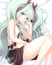 Rule 34 | 1girl, green eyes, green hair, hatsune miku, long hair, looking at viewer, lying, matching hair/eyes, necktie, on side, skirt, solo, twintails, very long hair, vocaloid, yuzuaji