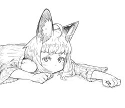 Rule 34 | 1girl, ahoge, animal ear fluff, animal ears, blunt bangs, fox ears, fox girl, greyscale, jaco, looking at viewer, lying, monochrome, off-shoulder, off-shoulder sweater, off shoulder, on stomach, original, outstretched arm, ribbed sweater, short hair, simple background, sketch, solo, sweater, thick eyebrows, upper body, white background