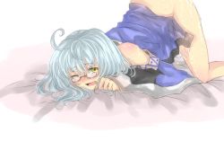 Rule 34 | 1girl, ahoge, bad id, bad pixiv id, bare shoulders, bed sheet, blush, bottomless, cum, cum in mouth, cum on body, cum on lower body, cum on upper body, eyebrows, facial, genderswap, genderswap (mtf), implied sex, japanese clothes, koto inari, long hair, long sleeves, looking back, morichika rinnosuke, nose blush, off shoulder, open mouth, silver hair, simple background, solo, solo focus, tears, top-down bottom-up, touhou, white background, wide sleeves, yellow eyes