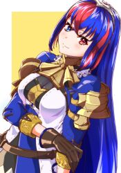 Rule 34 | 1girl, absurdres, alear (female) (fire emblem), alear (fire emblem), belt, blue eyes, blue hair, brown gloves, commentary, crossed bangs, fire emblem, fire emblem engage, gloves, hair between eyes, heterochromia, highres, long hair, looking at viewer, multicolored hair, nintendo, official alternate costume, red eyes, red hair, solo, split-color hair, tiara, to (tototo tk), two-tone hair
