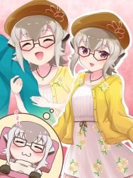 Rule 34 | 2girls, :3, = =, absurdres, beret, blanket, blush, captain (kemono friends), clinging, commentary, dreaming, esuyukichin, closed eyes, floral print, futon, glasses, green hoodie, hat, highres, hood, hoodie, imagining, jacket, jewelry, kemono friends, kemono friends 3, locked arms, meerkat (kemono friends), meerkat ears, meerkat tail, multiple girls, necklace, official alternate costume, sleeping, smile, thought bubble, two-tone sweater, under covers, yellow jacket, yuri, zzz